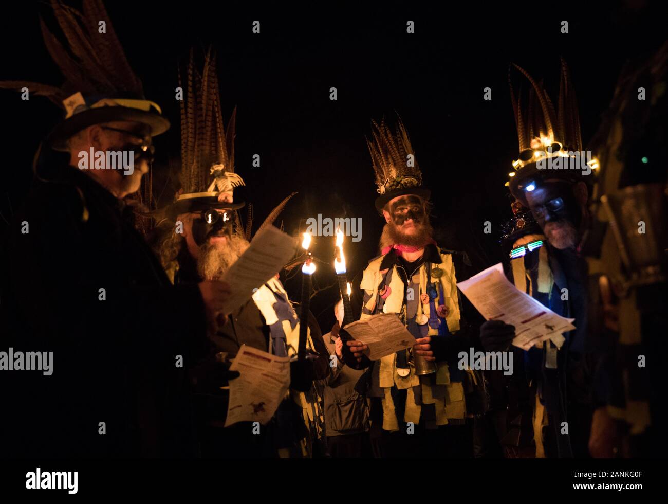 Mitglieder des Hakens Eagle Morris Dancers in der Vaughan Millennium Apple Orchard während einer "wassail" in Hartley Wintney, Hampshire. Stockfoto