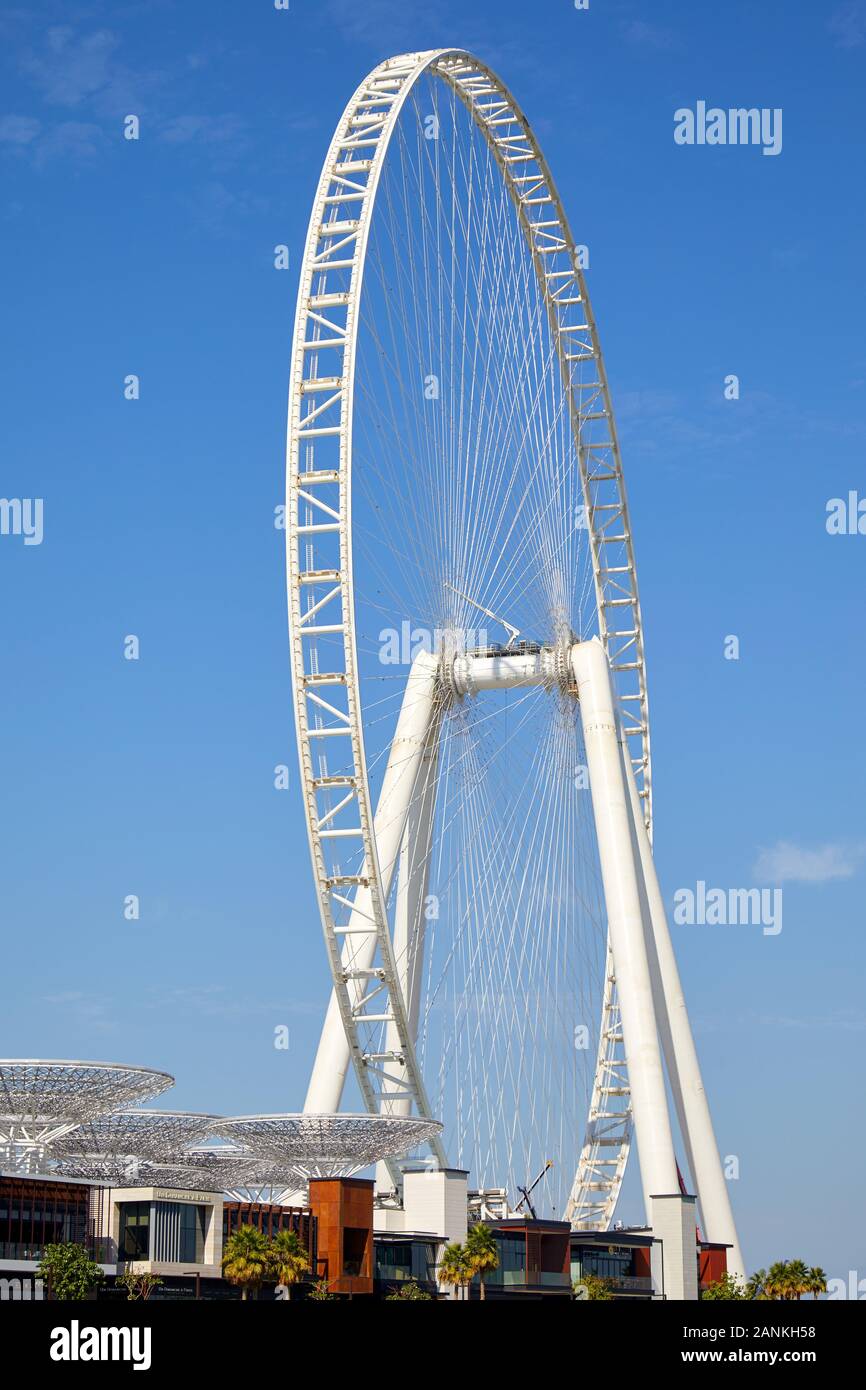 DUBAI, VEREINIGTE ARABISCHE EMIRATE - November 23, 2019: Ain Dubai, die größte Aussichtsrad an einem sonnigen Tag, Clear blue sky in Dubai Stockfoto