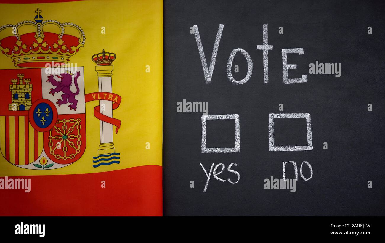 Spanische Flagge im Hintergrund, "Nein" und "Ja" Antwort in Abstimmung, Präsidentschaftswahlen Stockfoto