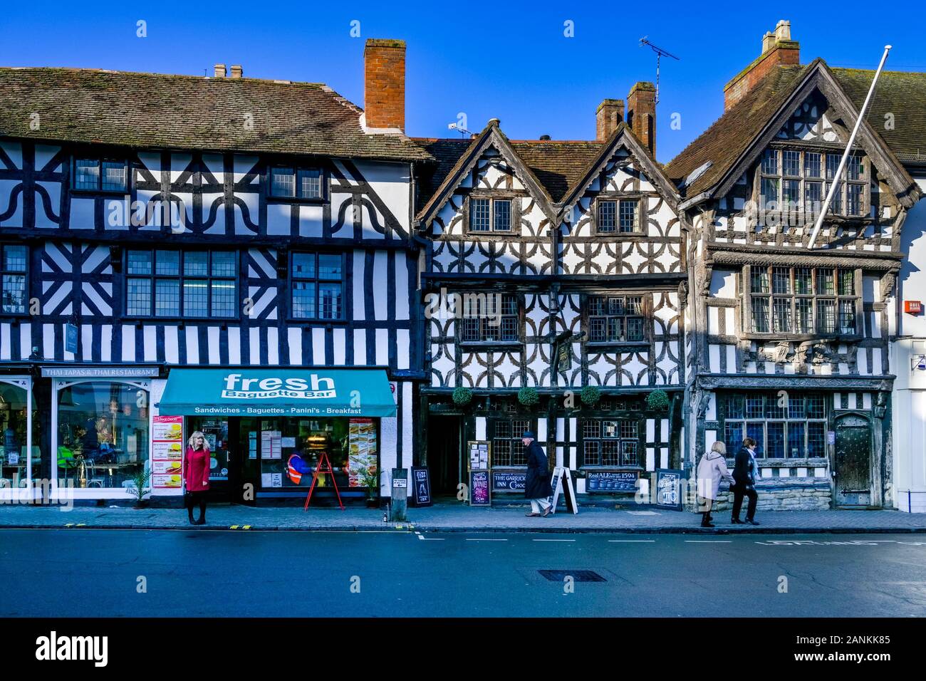 Das garrick Inn, Geschäfte, Tudor Gebäude, Stratford-upon-Avon, Warwickshire, England, Großbritannien Stockfoto