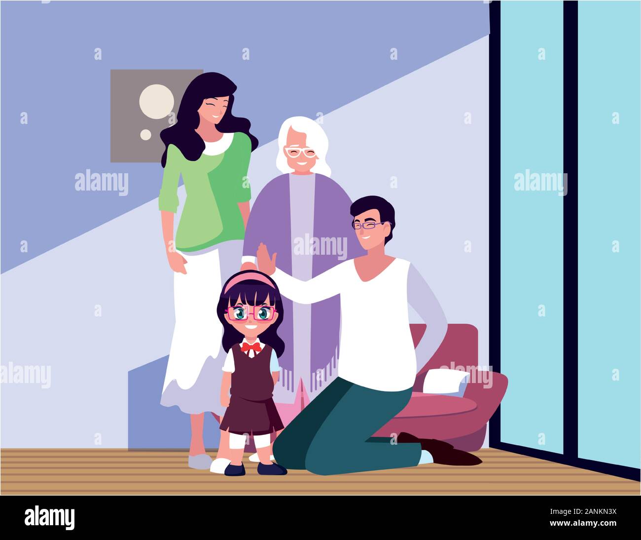 Große Familie zusammen im Wohnzimmer, drei Generationen Vector Illustration Design Stock Vektor