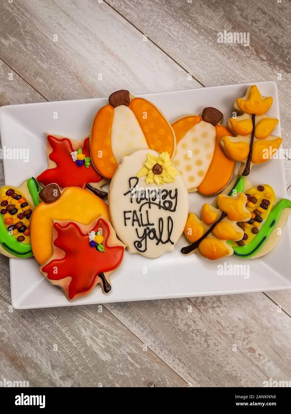 Saisonale Glucklich Fallen Y All Sugar Cookie Platter Eingerichtet Um Die Jahreszeit Zu Feiern Stockfotografie Alamy