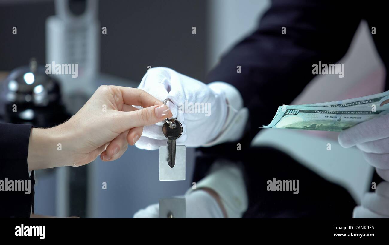 Weibliche hotel Besucher zahlen mit Dollar cash auf Rezeption, Unterkunft Stockfoto