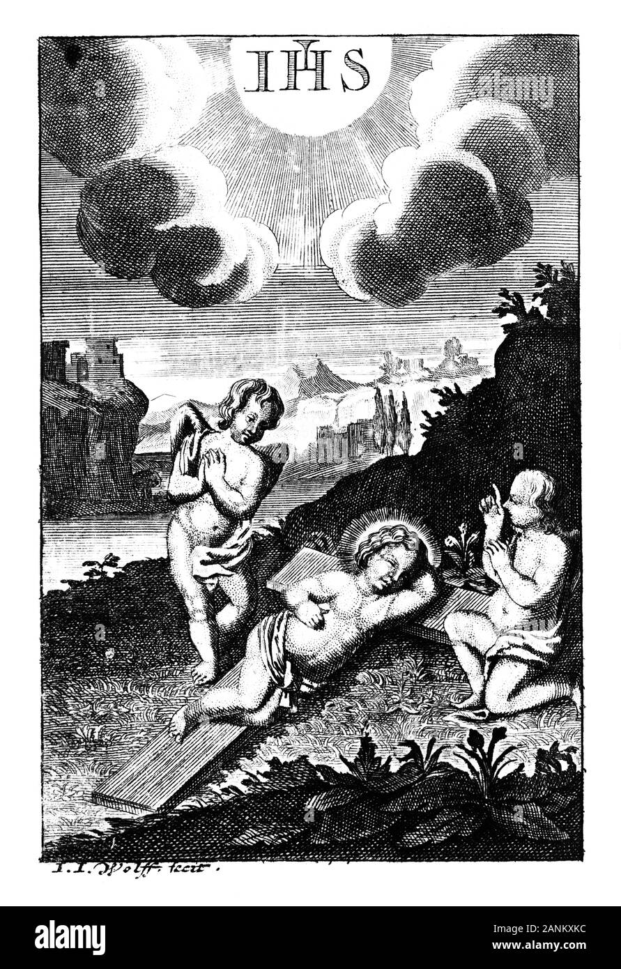 Antique vintage religiöser Gravur oder Zeichnung von Baby Jesus schlafen auf Kreuz und zwei Engel oder Engelchen ihn beobachtete. Abbildung aus Buch sterben Betrubte und noch Ihrem beliebten..., Österreich, 1716. Artist I.I. Wolff. Stockfoto