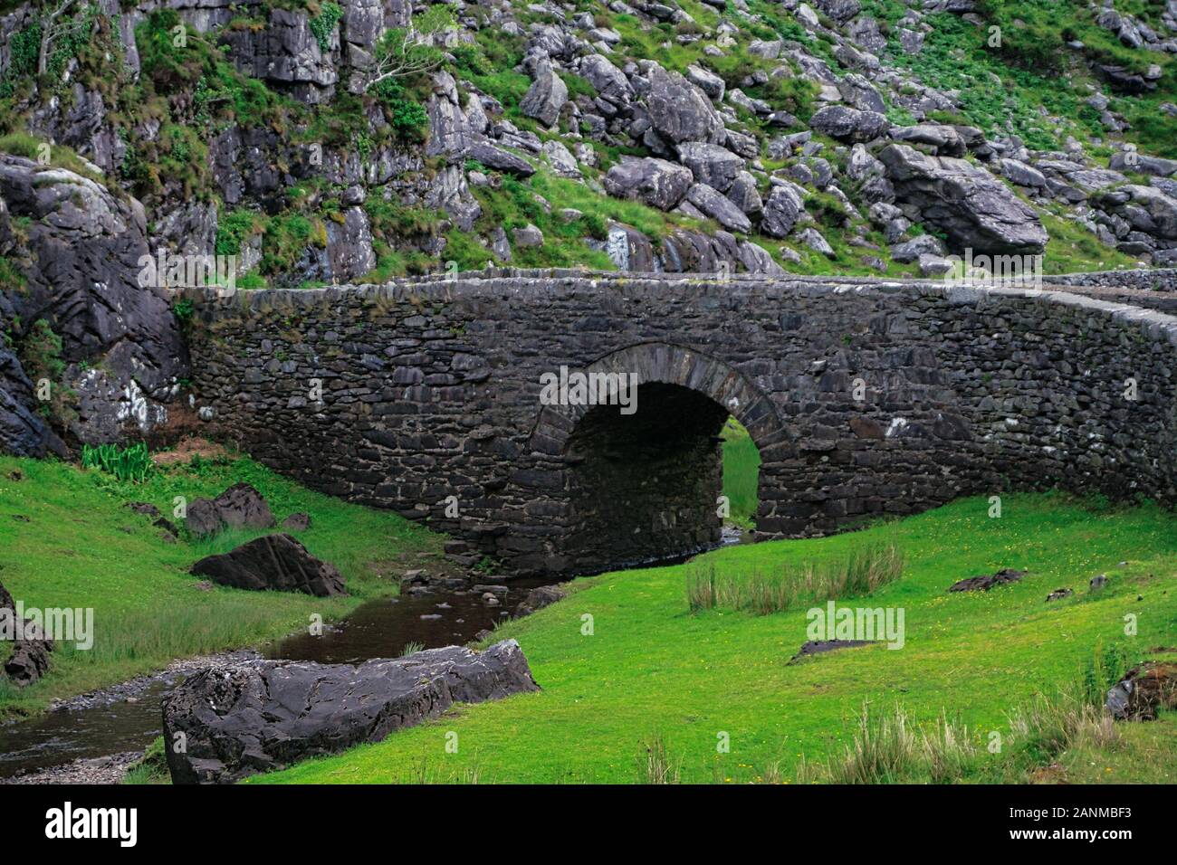 Alte, steinerne Brücke in grüner Landschaft Stockfoto