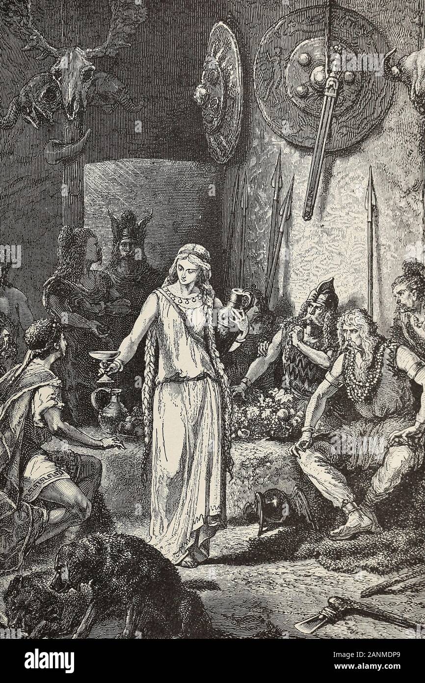 Gyptis und Euxenes, circa 1894. Gyptis präsentiert den Pokal zu Euxenes. Gravur. Die gallischen Prinzessin Gytpis betrothes sich dem Griechischen Euxenes Stockfoto