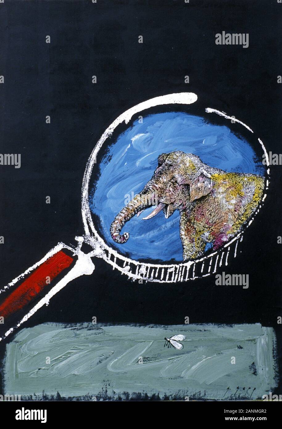 Aus der Mücke einen Elefanten machen (Abbildung von Gerhard Gepp); Mücke, Elefant, Fliege - bilden Sie einen Berg aus einem Maulwurfshügel Stockfoto