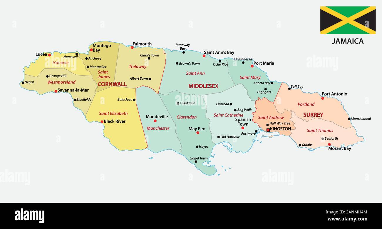 Jamaika administrative Karte mit Fahne und den wichtigsten Städten Stock Vektor