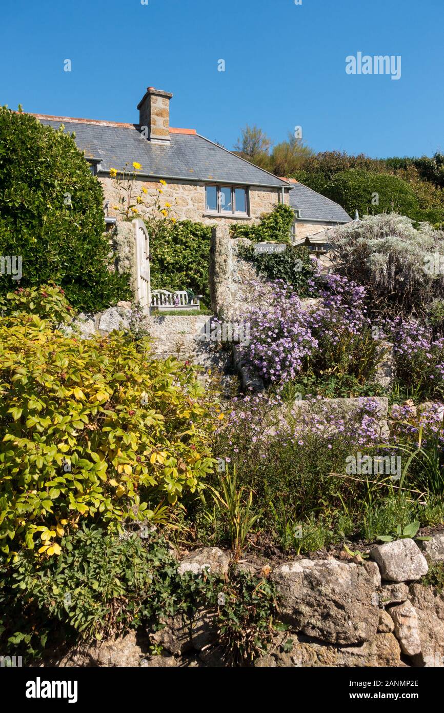 Ziemlich Cornish Cottage Garten an einem sonnigen Tag im September mit klaren blauen Himmel, Polventon, Porthgwarra, Cornwall, Großbritannien Stockfoto