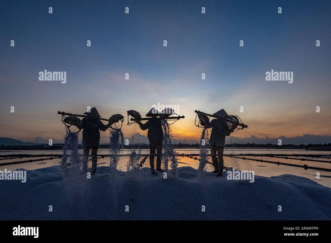 Morgensilhouetten an den Salzfeldern im Osten vietnams Stockfoto