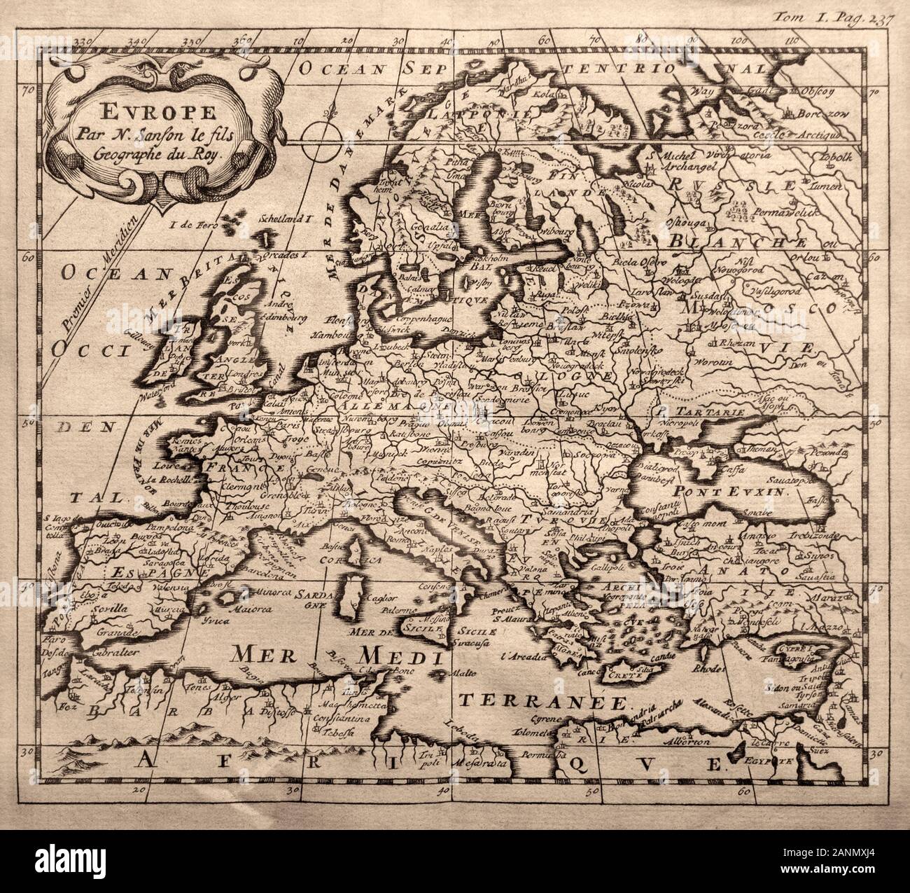 Alte Karte von Europa von 1660. Europa par N. Sanson le fils Geographe du Roy Stockfoto