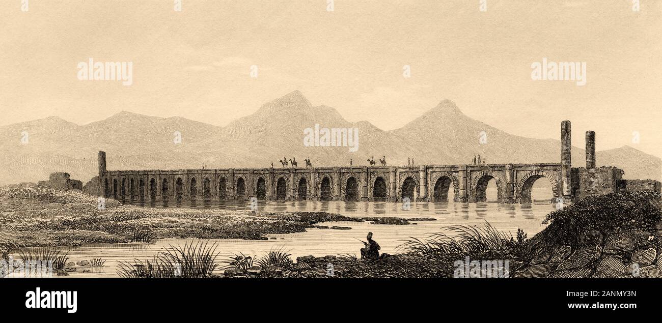 Brücke von Mianeh, Iran. Alte Stahl Gravierte antiken Drucken. In L'Univers La Perse veröffentlicht, in 1841. Geschichte der alten persischen Reiches Stockfoto