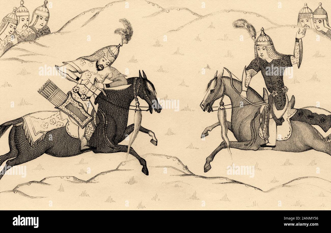 Persische Reiter Ritter kämpfen zu Pferd. Baysonghori Manuskript der Schāhnāme. Iran. Alte Stahl Gravierte antiken Drucken. In L'Univers veröffentlicht. Stockfoto