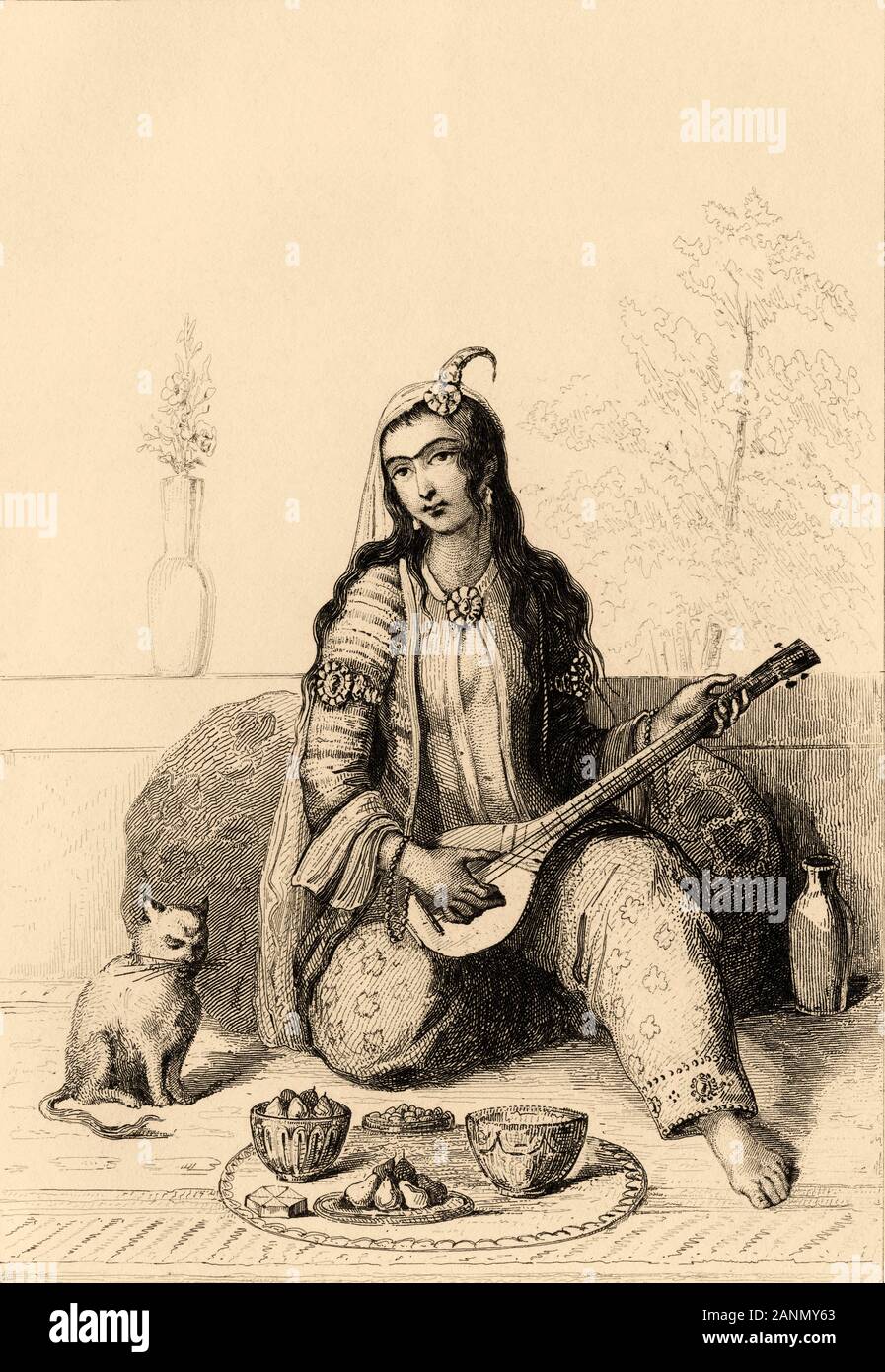 Dame mit typischen Kleid Abspielen von Musik in einem Harem. Iran. Alte Stahl Gravierte antiken Drucken. In L'Univers La Perse veröffentlicht, in 1841. Geschichte der Stockfoto