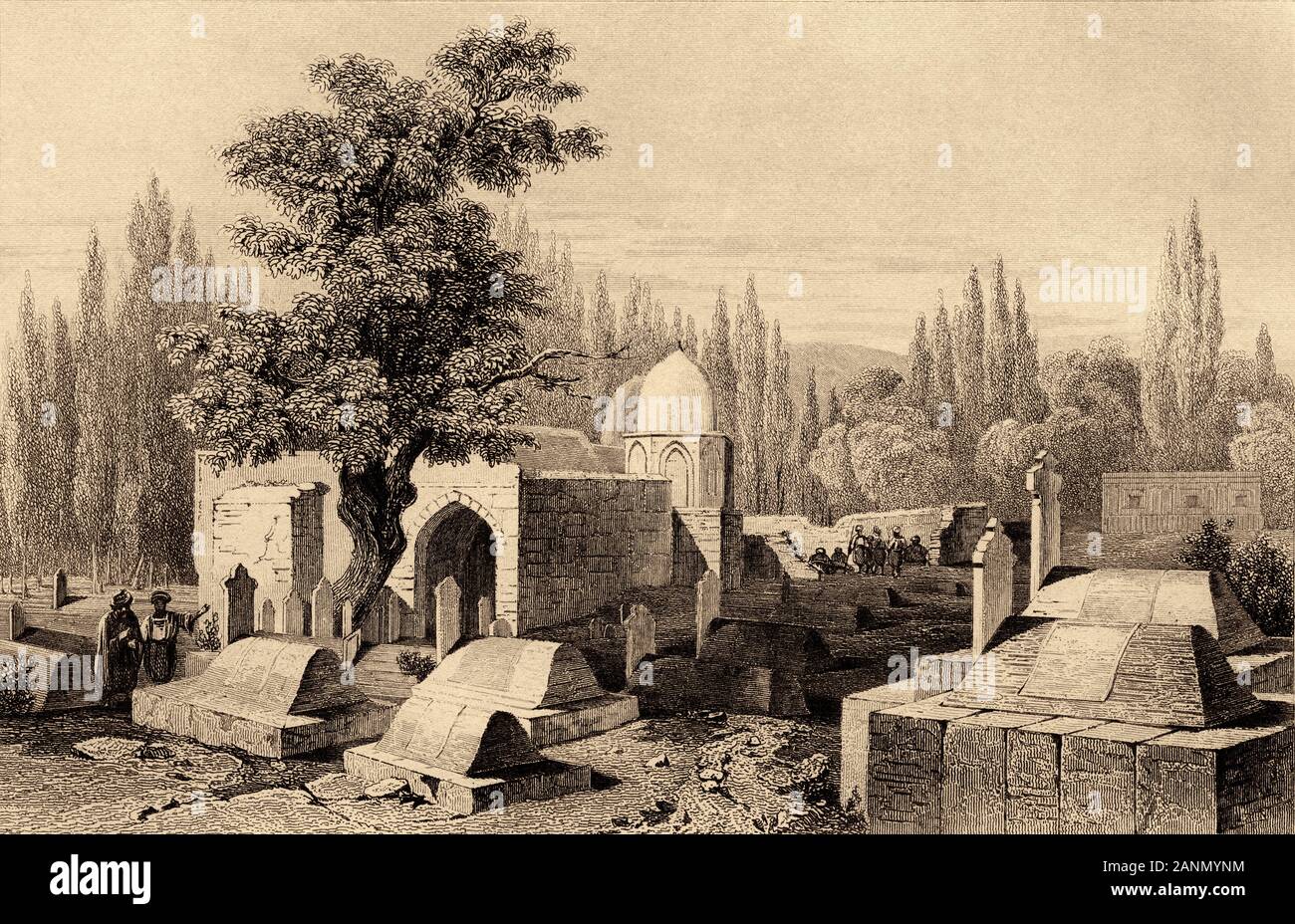 Gräber in Damaskus, Syrien. Alter Stich von Lemaitre in L'Univers Syrien veröffentlicht, in 1841. Geschichte des alten Syrien Stockfoto