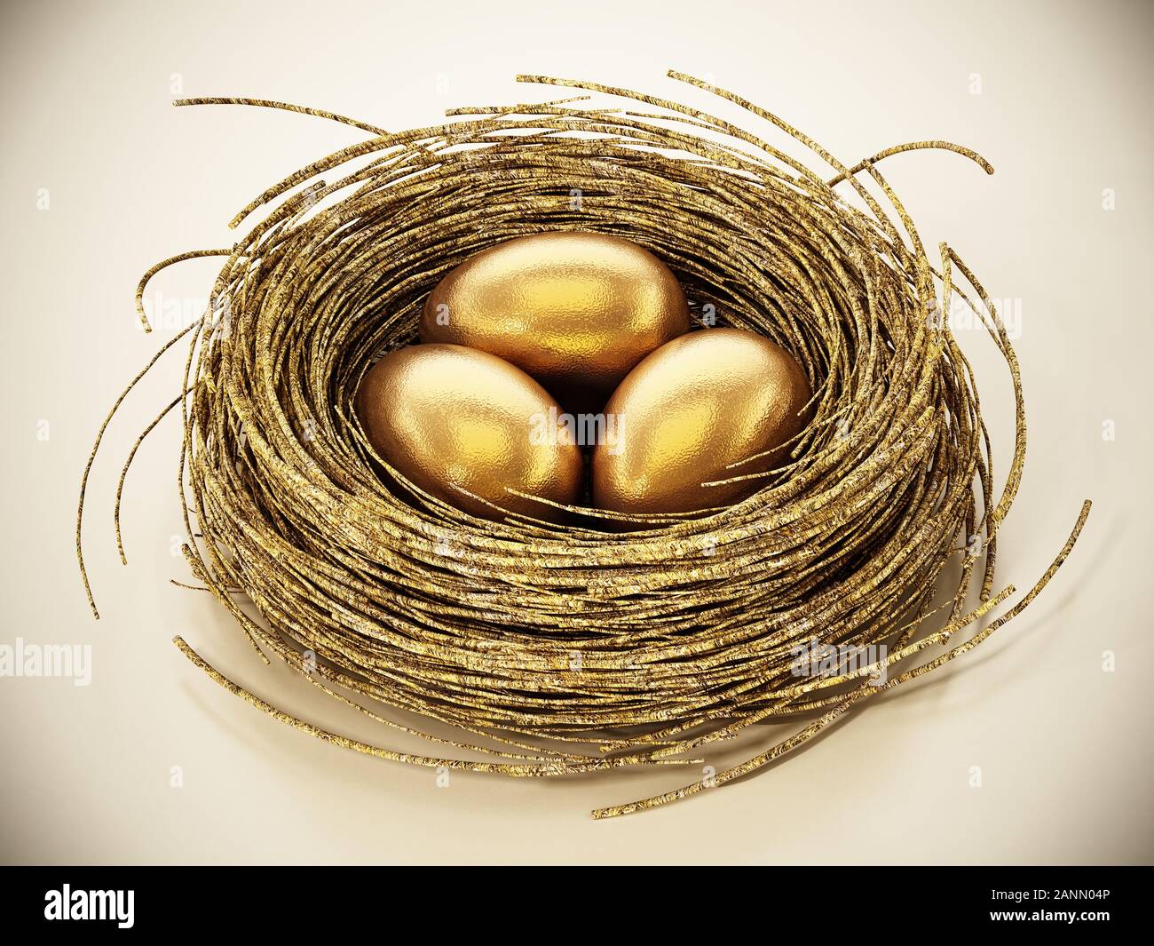 Gold Eier im Nest. 3D-Darstellung. Stockfoto