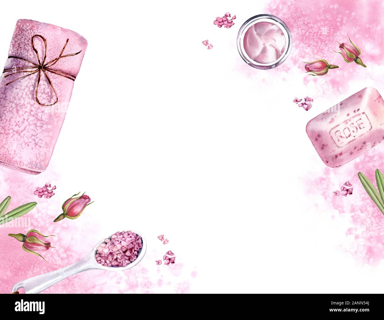 Aquarell Banner mit Hautpflege Zubehör und Platz für Text. Rose duftenden Spa und kosmetische Produkte mit rosa Hintergrund isoliert. Realistisch Stockfoto