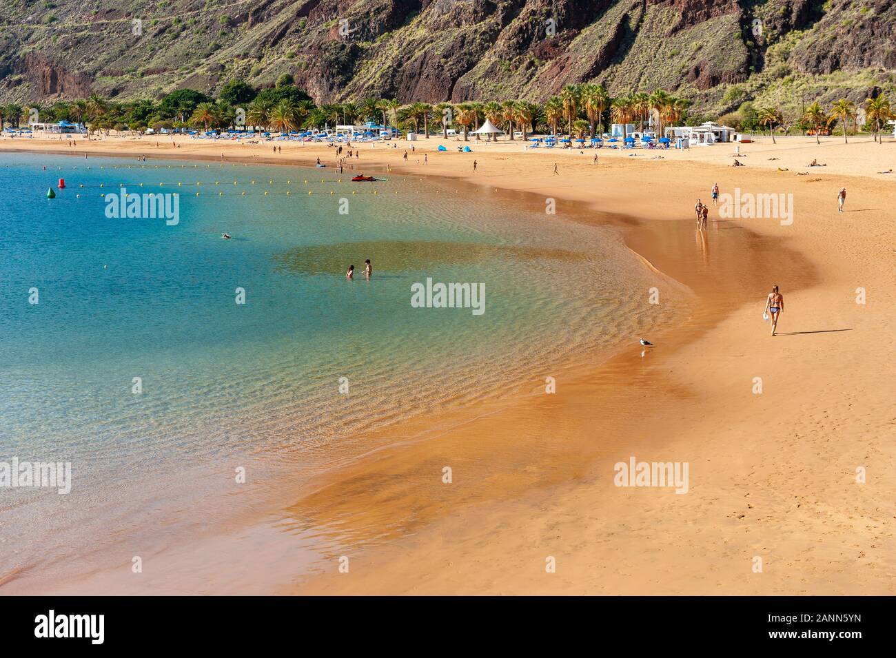 Playa de Las Teresitas ist der schönste Strand auf der Kanarischen Insel Teneriffa. Der weiße Sand aus der Sahara ausgeliefert. Stockfoto