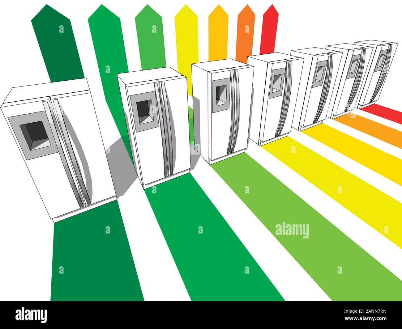 Sieben Kühlschränke in sieben energetischen Klassen in Energy Rating Diagramm zertifiziert Stock Vektor