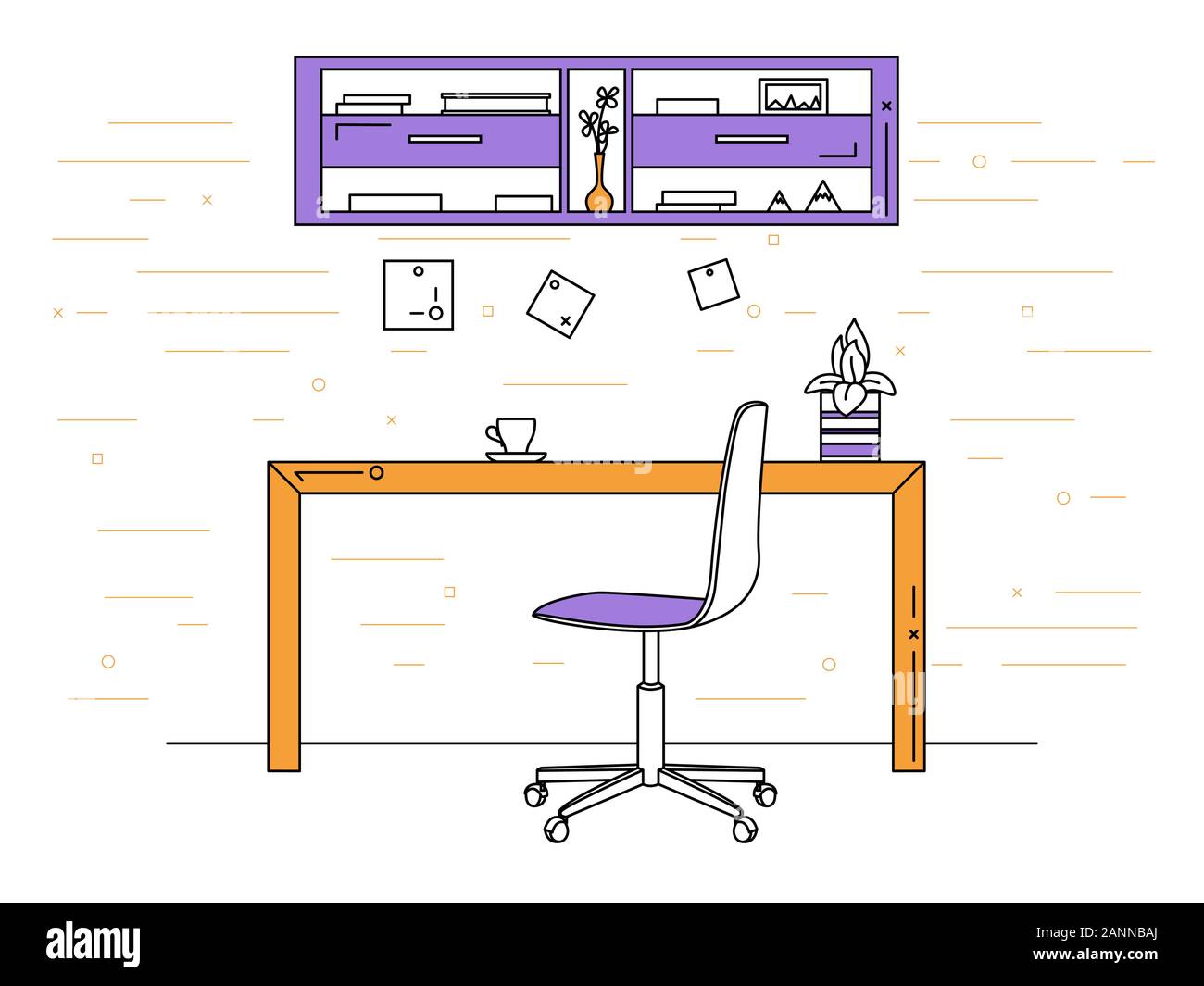 Büro in einer linearen Stil. Arbeitsplatz mit einem Computer. Vektor Stock Vektor