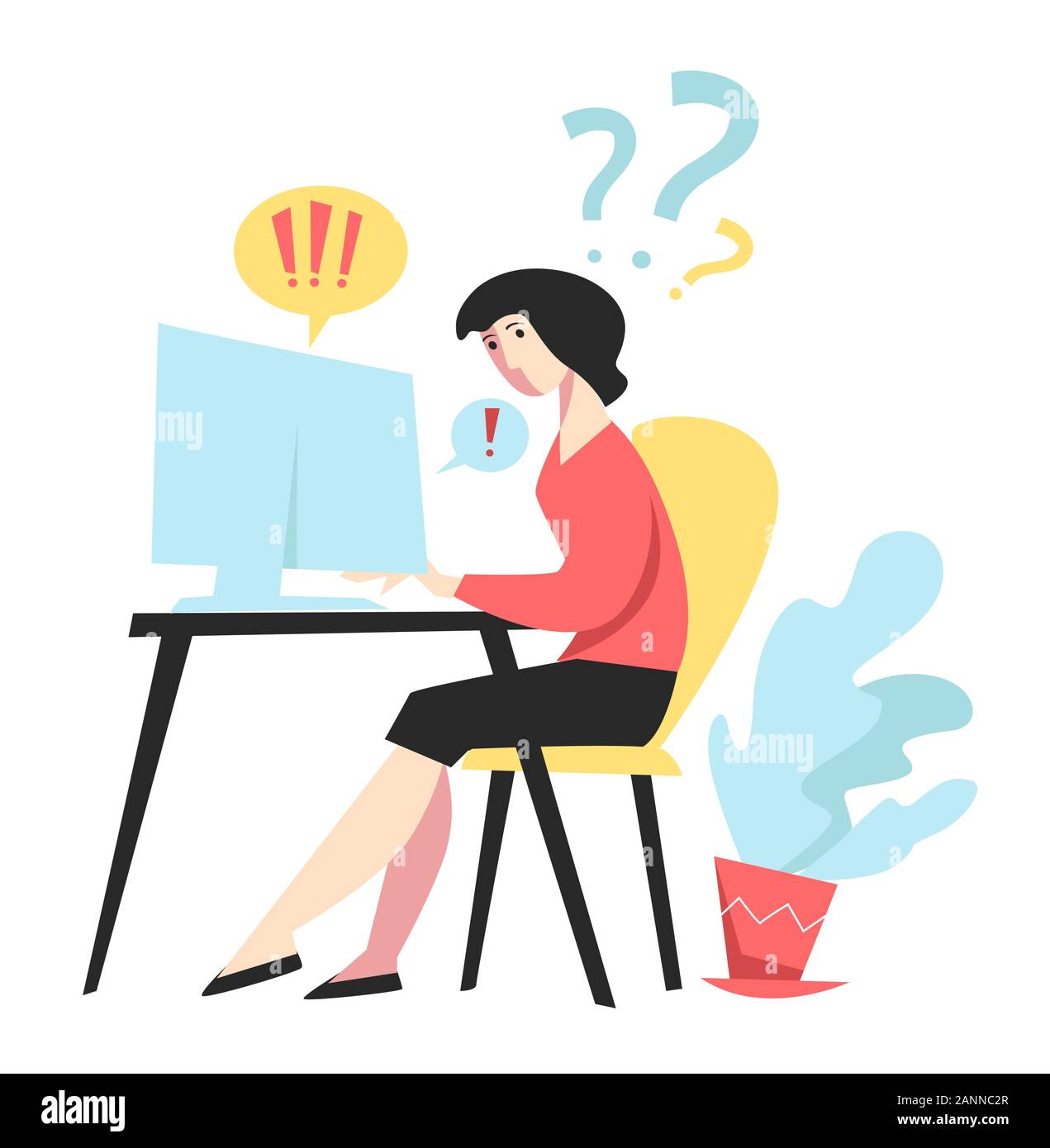 Stress bei der Arbeit, Frau am Computer, Überlastung und hohe Arbeitsbelastung Stock Vektor