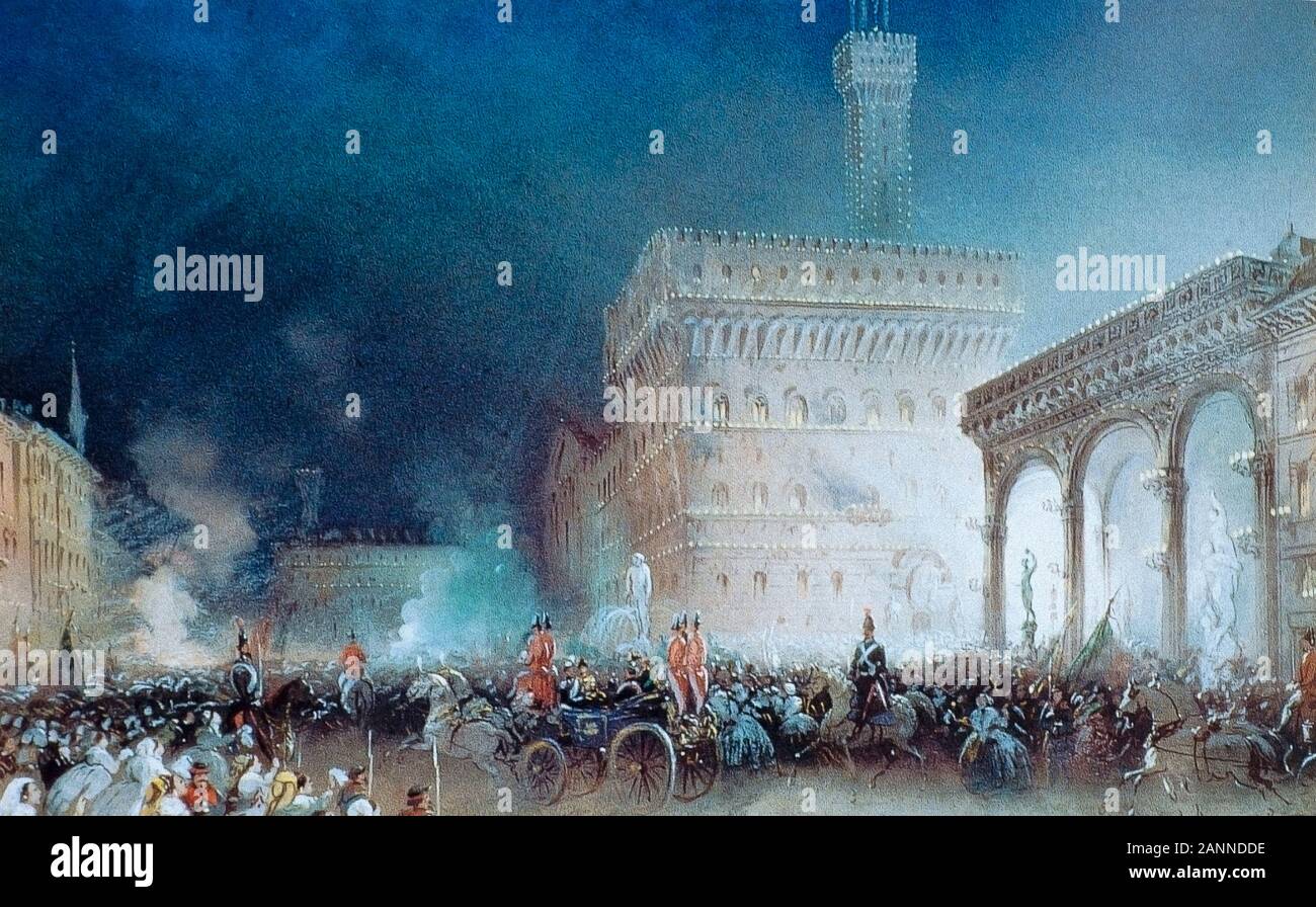 Italien Piemont Turin Museo Nazionale del Risorgimento Carlo Bossoli - Beleuchtung in Florenz für die Ankunft des Königs 1860. 1860 Tempera auf Papier, 48 x 32 Stockfoto