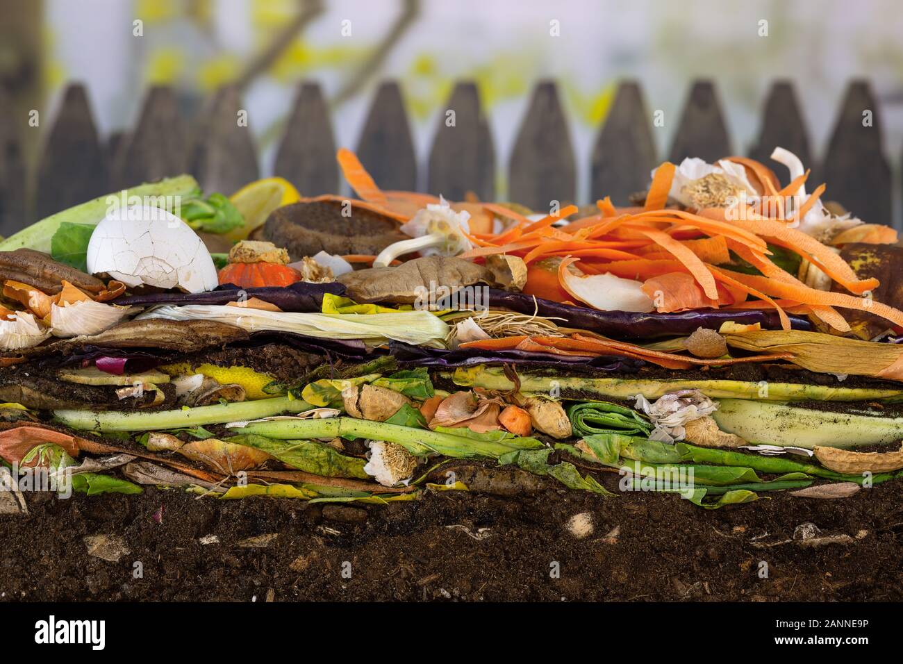 Earthwoms leben in einer bunten Komposthaufen bestehend aus verrottenden Küche Reste Stockfoto