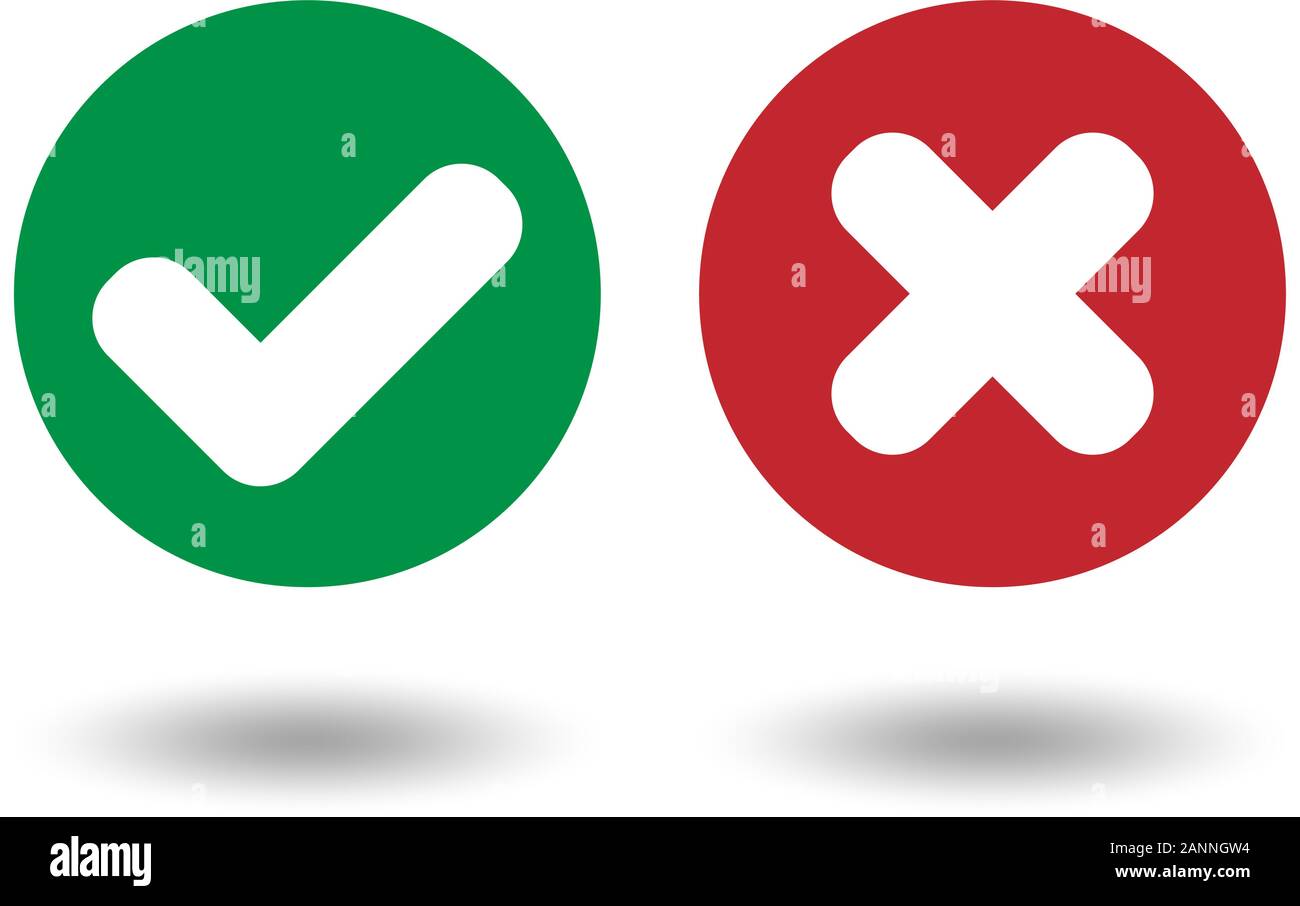 Satz von farbigen Tasten mit einem Kreuz und Häkchen isoliert auf einem weißen Hintergrund. Kreuz & Häkchen Symbole. Mark-Taste. Wahre und falsche Symbole eps 10. Stock Vektor