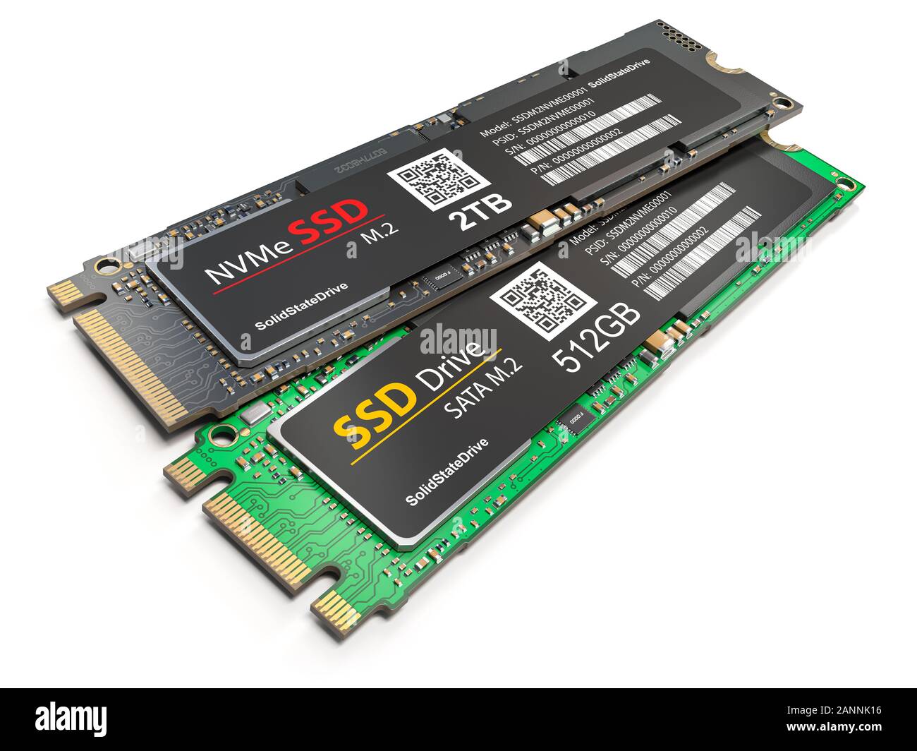 Verschiedene SSD M2 Festplatte auf weißem Hintergrund. 3D-Darstellung Stockfoto