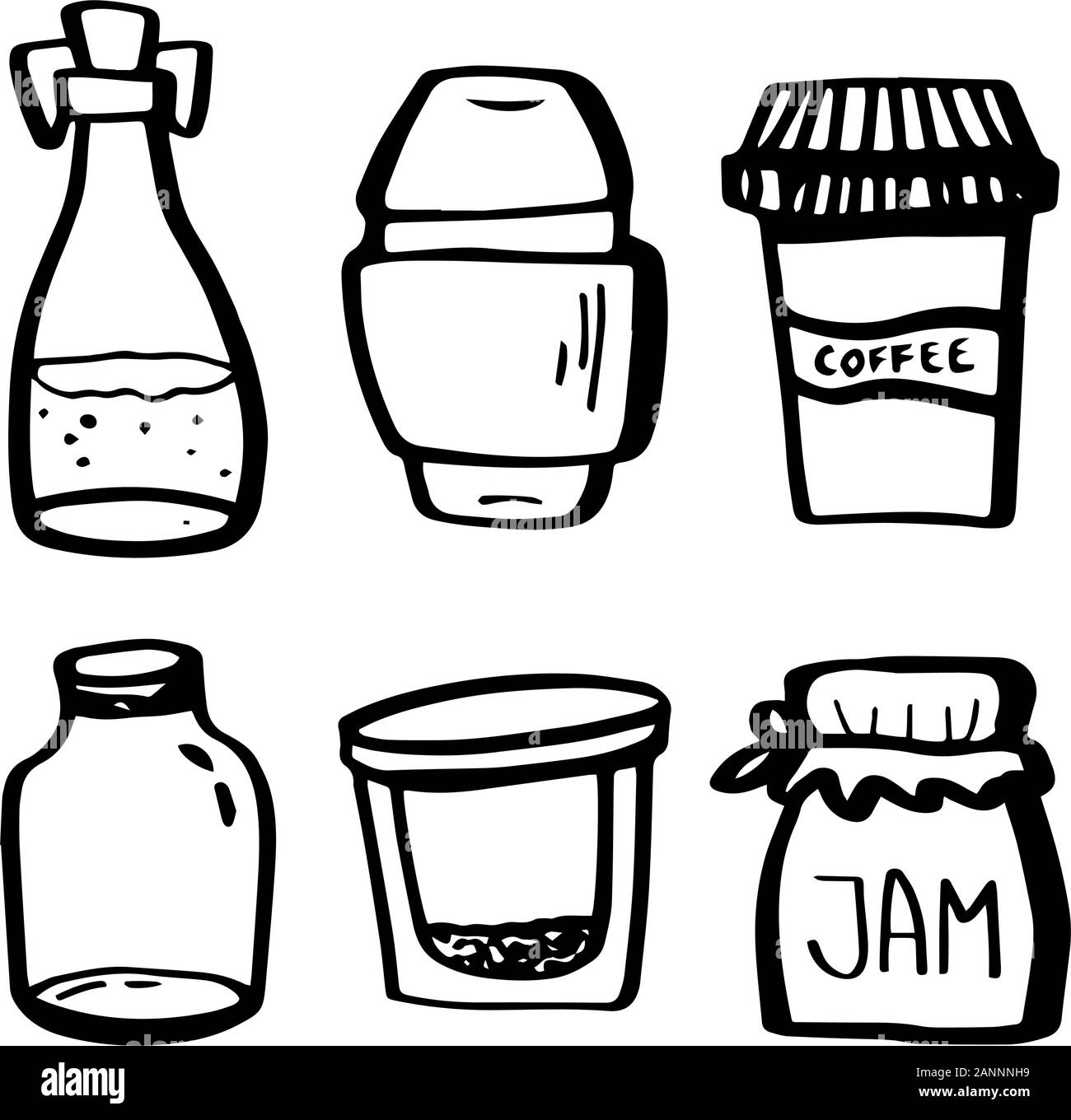 Eco eingestellt. Wiederverwendbare Gläser essen Lagerbehälter in doodle Stil auf weißem Hintergrund. Null Abfall. Vektor Kontur Abbildung. Konzept der Re Stock Vektor