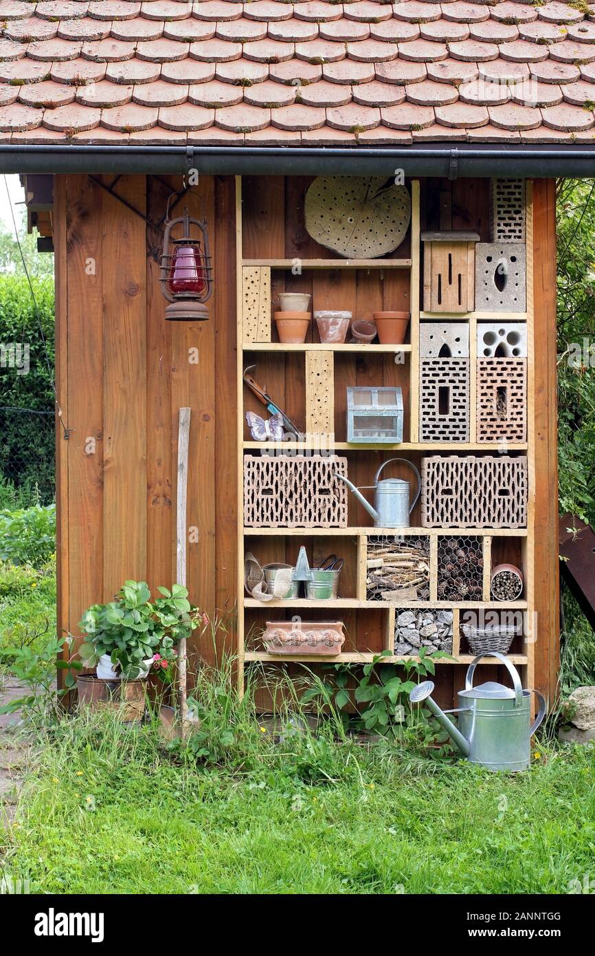 Gartenschuppen mit Insektenhotel Stockfoto