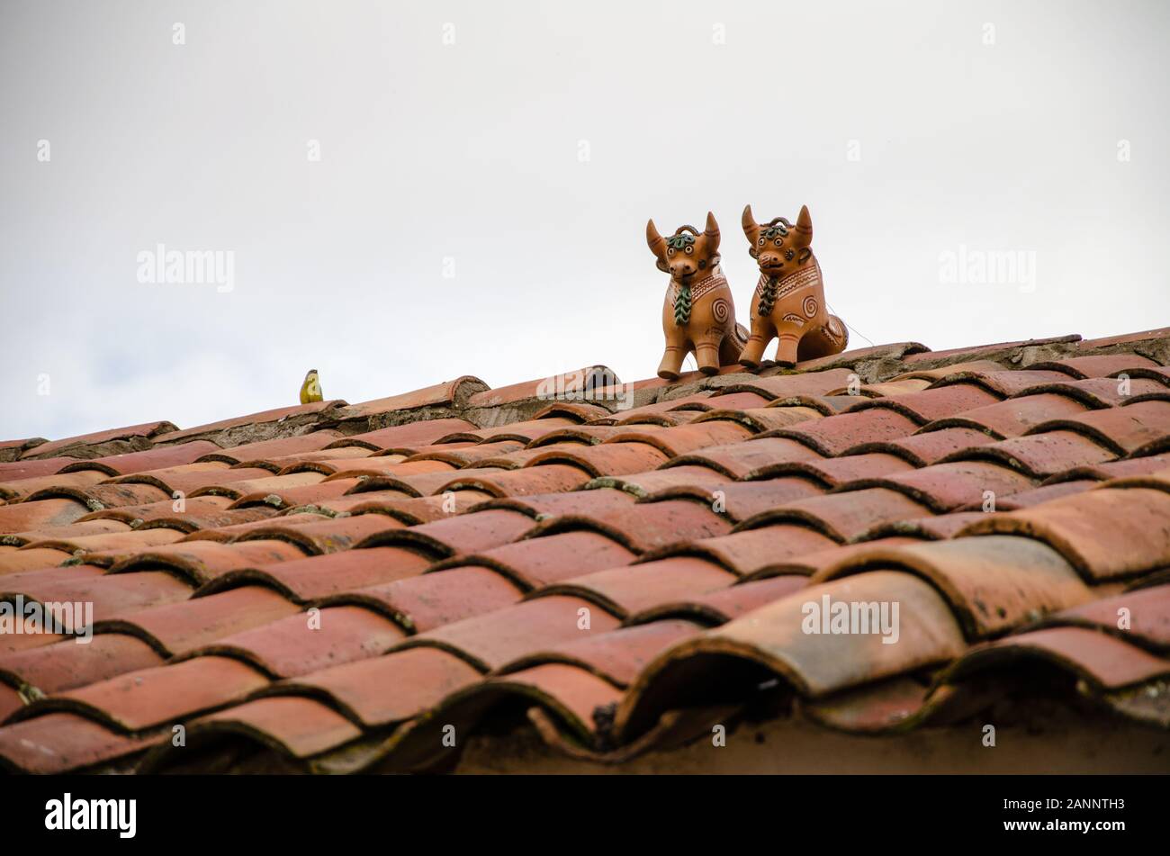 Dachsperlen in Pukara, Peru. Dachstuhlbullen sollen das Haus segnen und seinen Bewohnern Glück bringen. Stockfoto