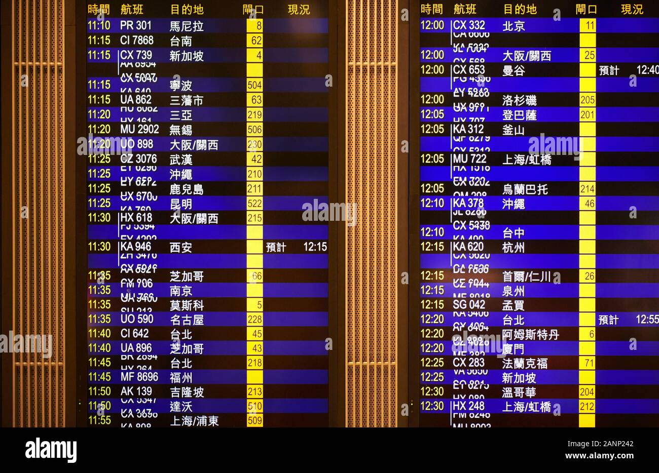 Nahaufnahme einer Hongkong Abflug Informationen elektronische Anzeige in der chinesischen Sprache angezeigt Stockfoto