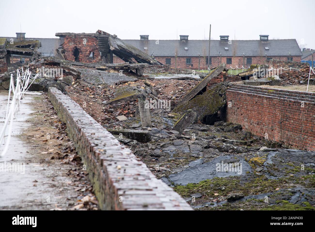 Ruinen der Gaskammer und Krematorium II in den nationalsozialistischen deutschen Konzentrationslager Auschwitz II Birkenau (Auschwitz II Birkenau Vernichtungslager) im nationalsozialistischen Ge Stockfoto