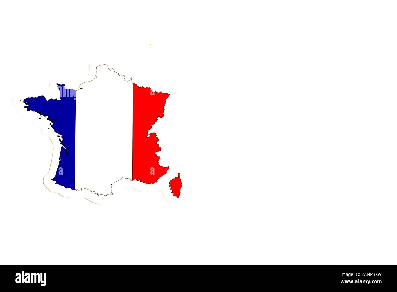 Los Angeles, Kalifornien, USA - 17. Januar 2020: Nationalflaggen Frankreichs. Länderumriss auf weißem Hintergrund mit Kopierbereich. Politische Illustration Stockfoto