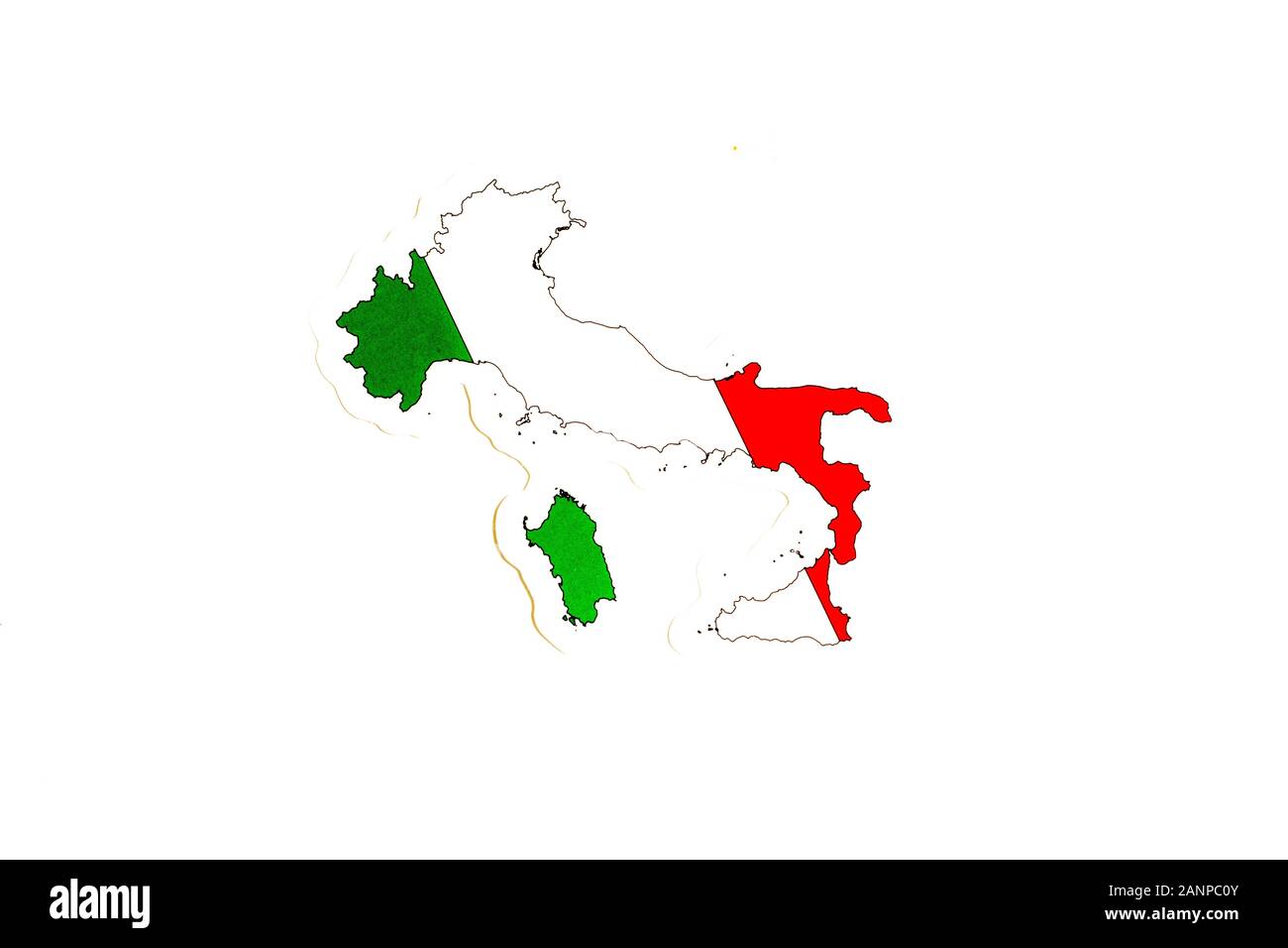 Los Angeles, Kalifornien, USA - 17. Januar 2020: Nationalflaggen Italiens. Länderumriss auf weißem Hintergrund mit Kopierbereich. Politische Illustration Stockfoto