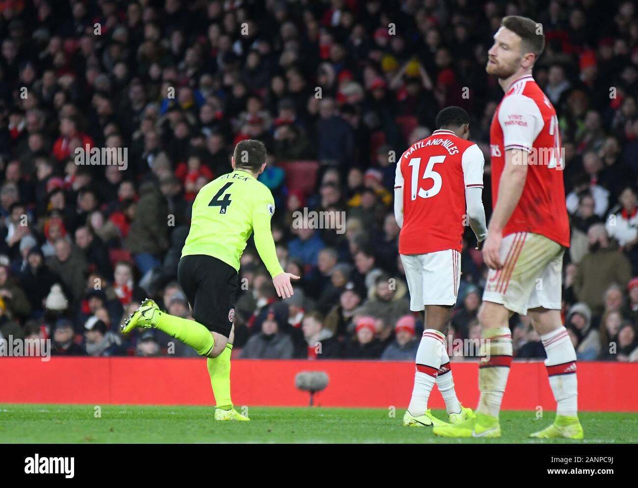 LONDON, ENGLAND - Januar 18, 2020: John Fleck von Sheffield celerbates, nachdem er während der 2019/20 Premier League Spiel zwischen Arsenal FC und Sheffield United FC im Emirates Stadion gezählt. Stockfoto