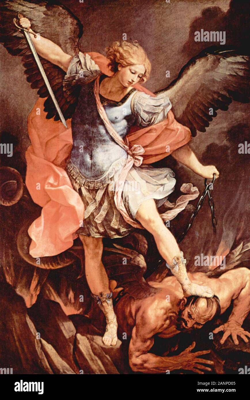 Der Hl. Erzengel Michael, 1636. von Guido Reni. Der Erzengel Michael Satan trampling trägt einen späten römischen Militärs Umhang und Cuirass Stockfoto