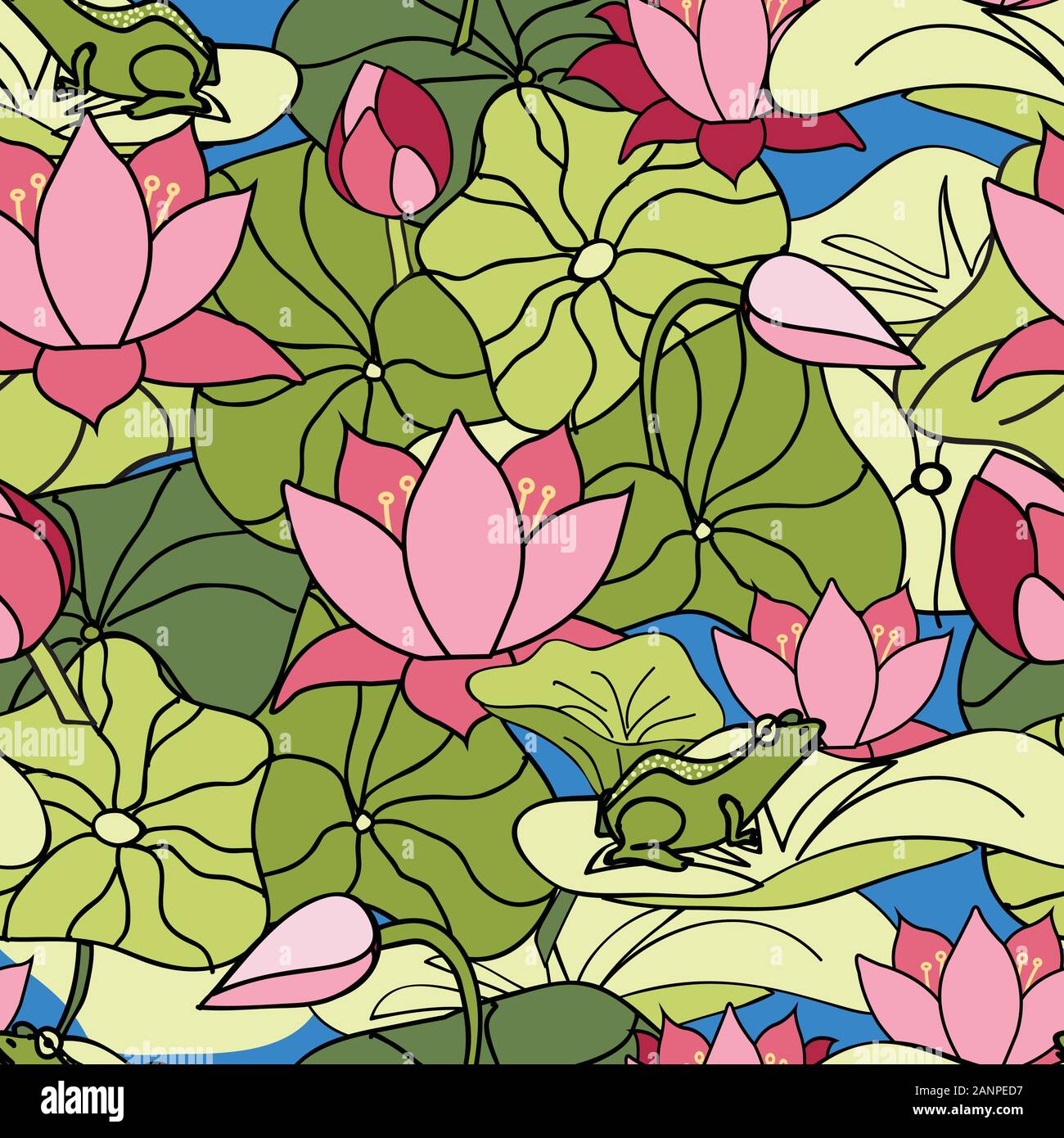 Sein ein Frösche Welt, Frosch floating und Ausblenden unter lilypads und Lotus Blumen, Lilien, nahtlose Vektor wiederholen, Oberfläche pattern Design Stock Vektor