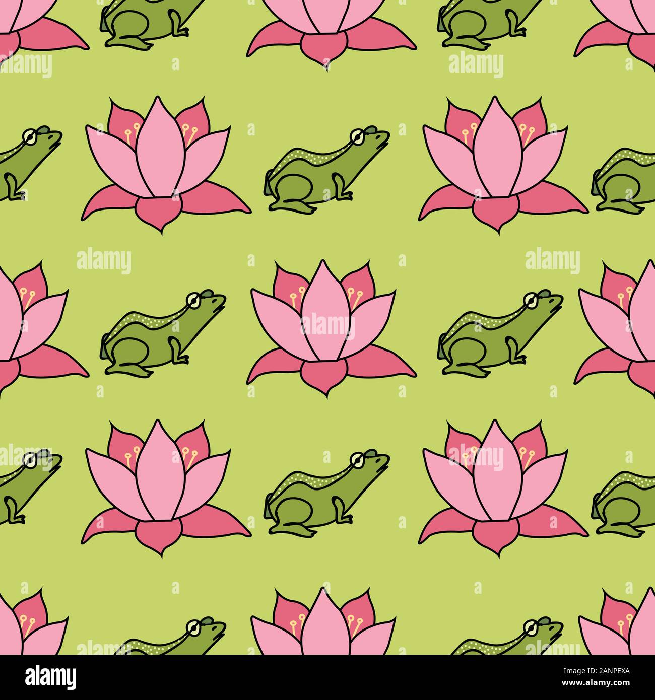 Frösche und Lotus Blumen in Reihen auf der hellen grünen Hintergrund nahtlose Muster vektor Oberflächengestaltung wiederholen Stock Vektor