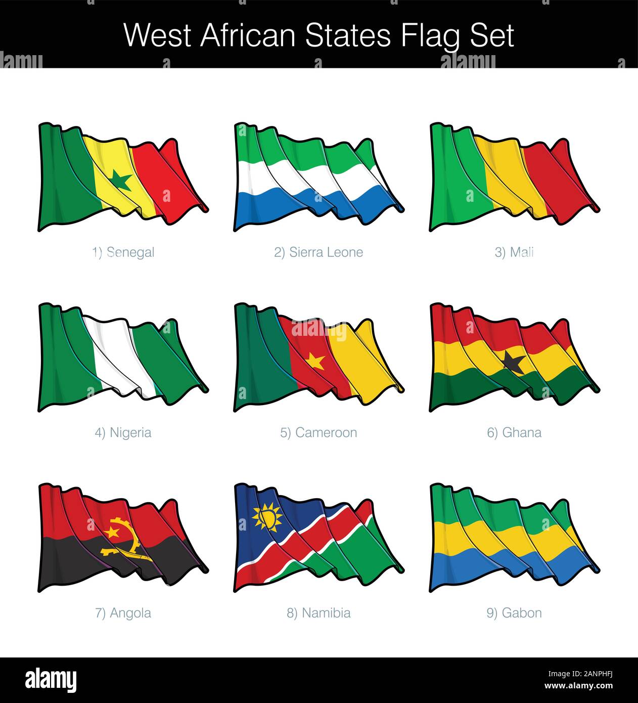 Westafrikanischen Staaten wehende Flagge gesetzt. Das Set beinhaltet die Flaggen von Senegal, Sierra Leone, Mali, Nigeria, Kamerun, Ghana, Angola, Namibia und Gabun. V Stock Vektor