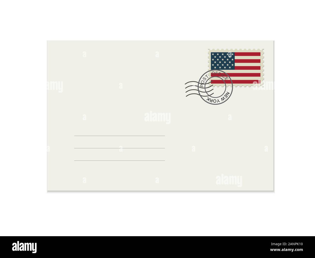 Leere e-mail Umschlag mit Stempel. Mockup realistische Briefumschläge und Briefmarken mit USA-Flagge. Stock Vektor