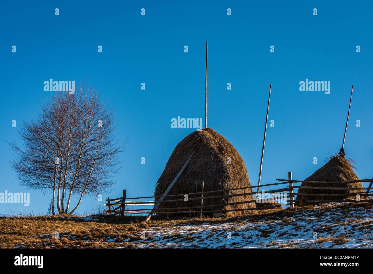 Hay Stacks in einem kleinen Dorf in Rhodopen, die Bulgarien im Winter Stockfoto
