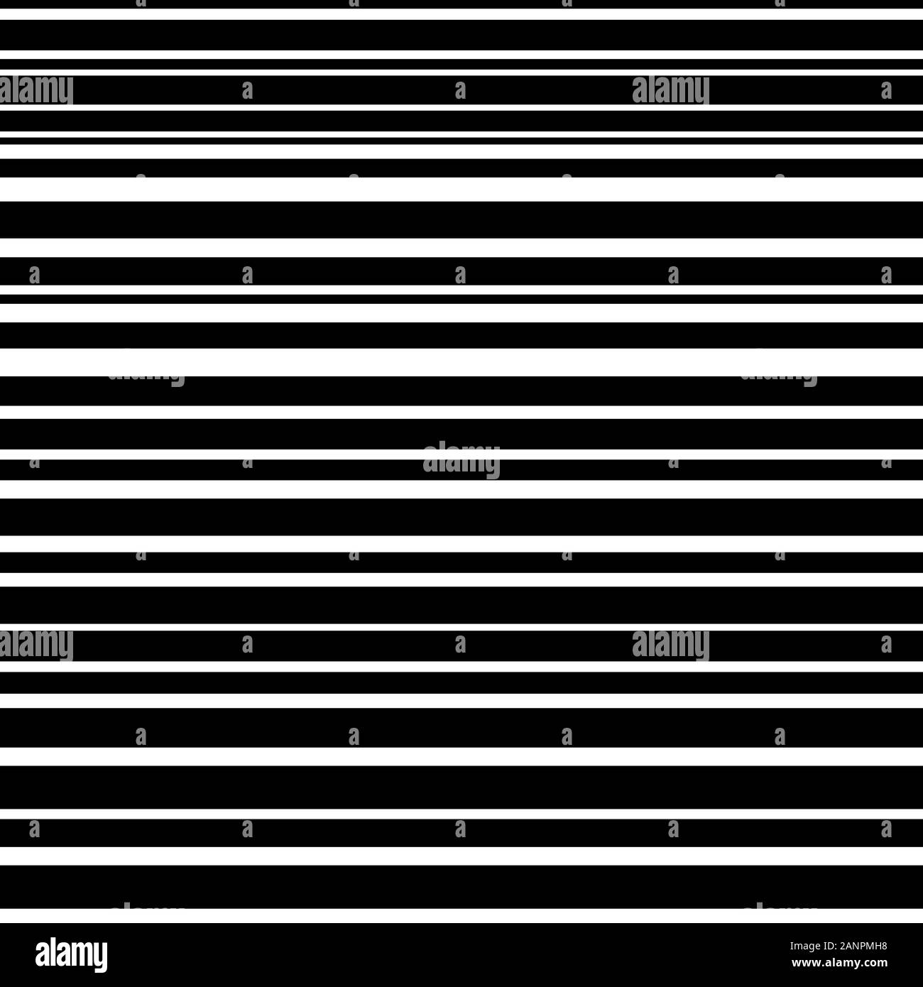 Schwarz-weiße horizontale Streifen abstrakter Hintergrund. Nahtloses Muster mit asymmetrischem geometrischem Schmuck. Hintergrund für Linien. Digitales Papier für Scra Stock Vektor