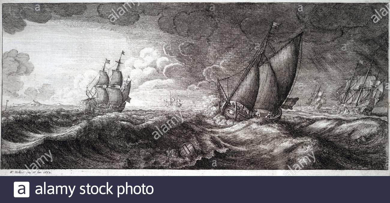 Kriegsschiffe und Yacht in einem Sturm, Radierung von Böhmische Kupferstecher Wenzel Hollar aus 1600s Stockfoto