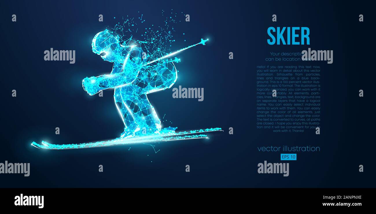 Abstrakte Silhouette eines Skifahrers springen von Partikeln auf blauem Hintergrund Low Poly neon Kabel Umrisse geometrischer Vektor ski Stock Vektor