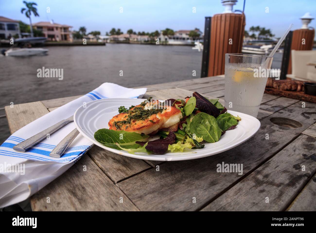 Wolfsbarsch, Brokkoli und eine Feder salat Abendessen in ein Restaurant am Meer in Key West, Florida. Stockfoto