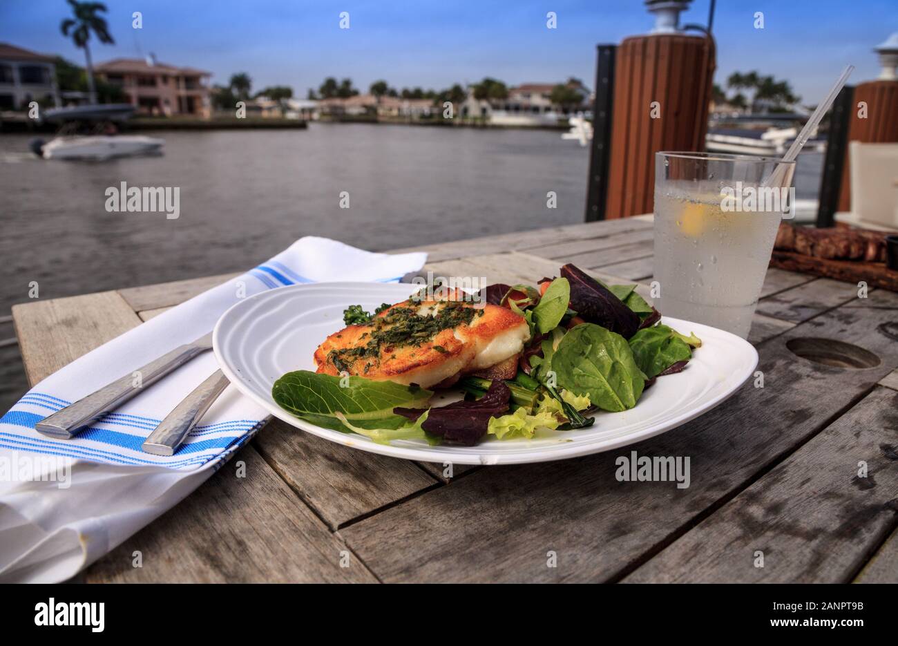 Wolfsbarsch, Brokkoli und eine Feder salat Abendessen in ein Restaurant am Meer in Key West, Florida. Stockfoto