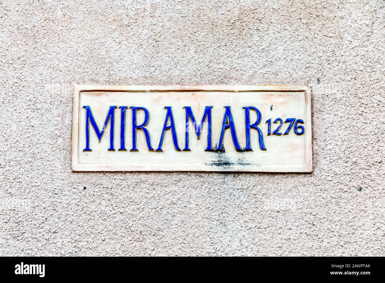 Schild am Miramar Kloster, Mallorca, Spanien Stockfoto
