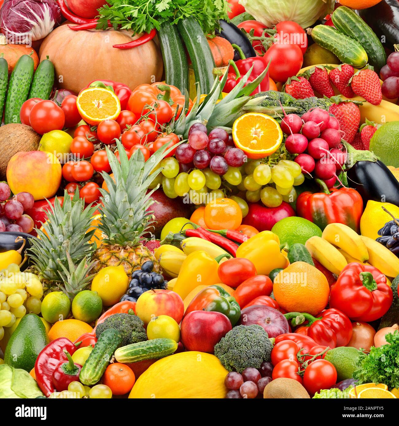 Collage frische schmackhafte Gemüse und Früchte. Natürliche hellen Hintergrund. Stockfoto